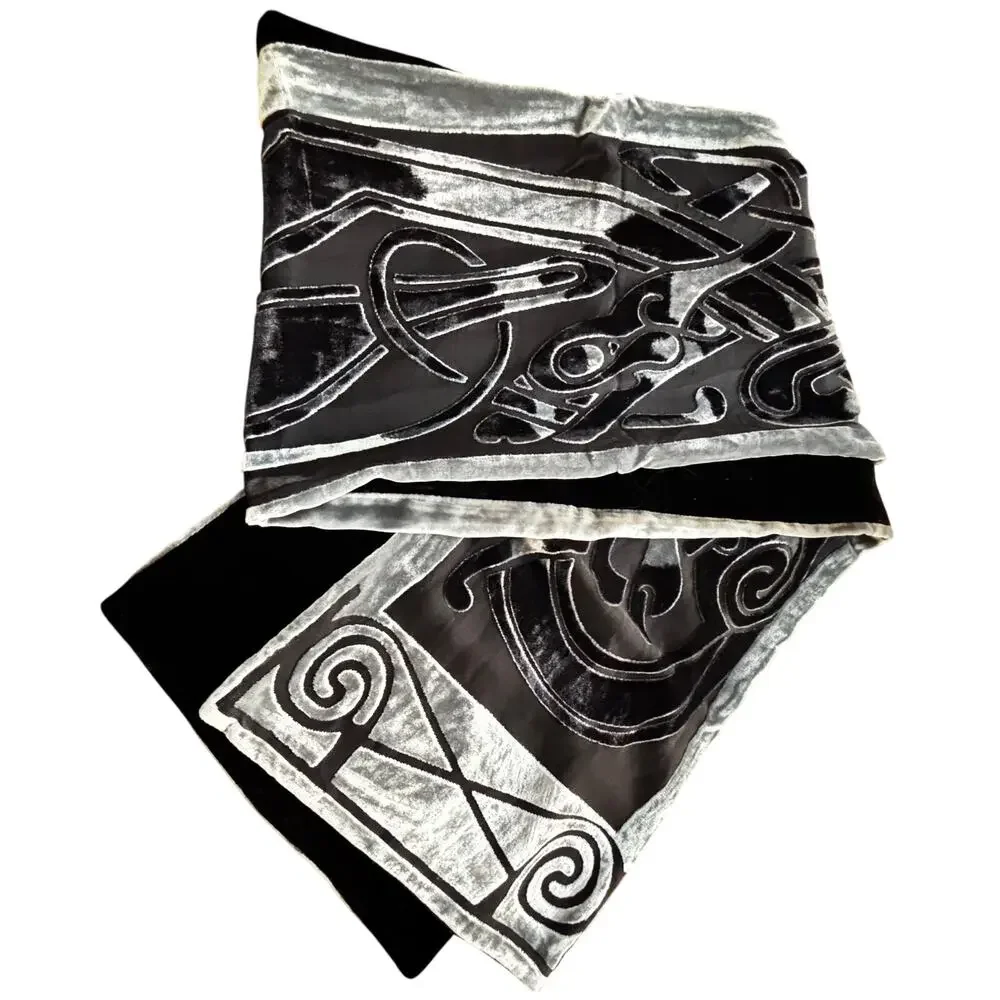 Velvet & Silk burnout style scarf wrap 2-side mod geometric black & silvery gray